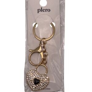 Plero Heart Lock Keychain Rhinestone Charm Gold Tone Bag Purse Accessory